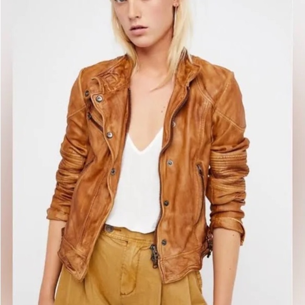 Free People Cognac Brown Leather Moto Jacket